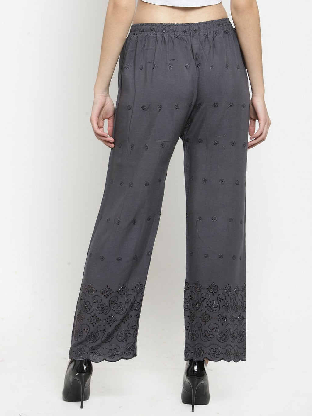 Dhimhi Women's Grey Straight Embroidered Palazzos