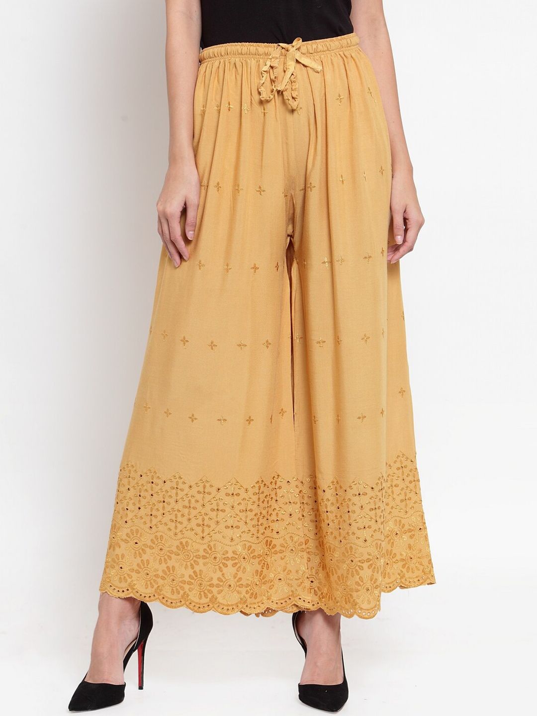 Dhimhi Women's Yellow Floral Embroidered Flared Knitted Ethnic Palazzos