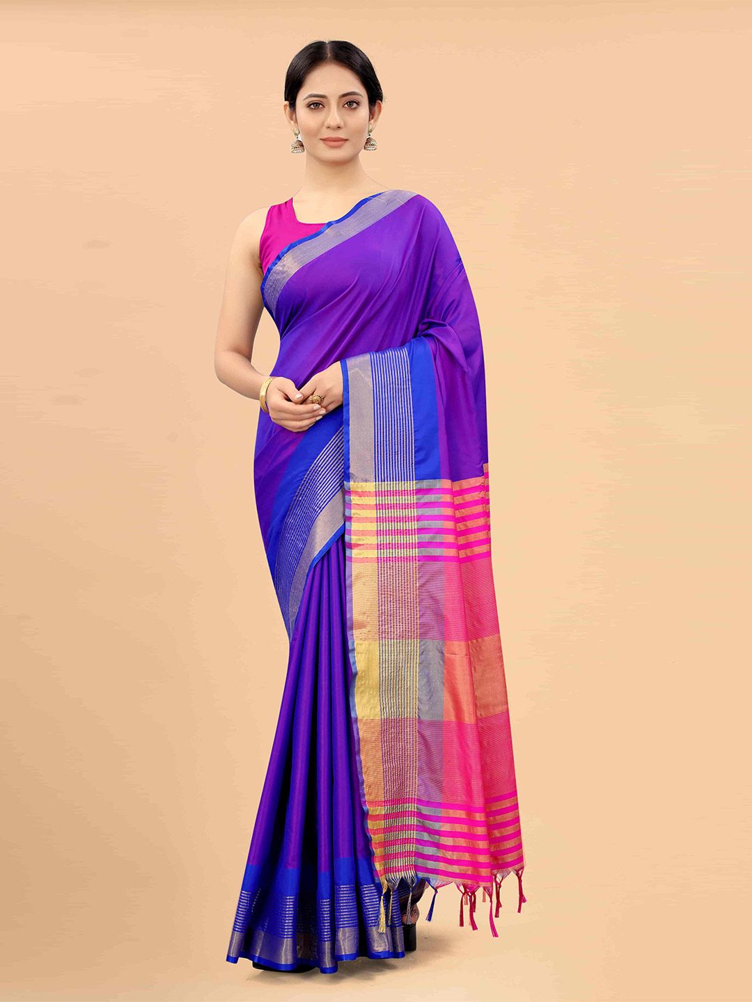 Dhimhi Women's Blue & Magenta Zari Art Silk Fusion Arani Saree