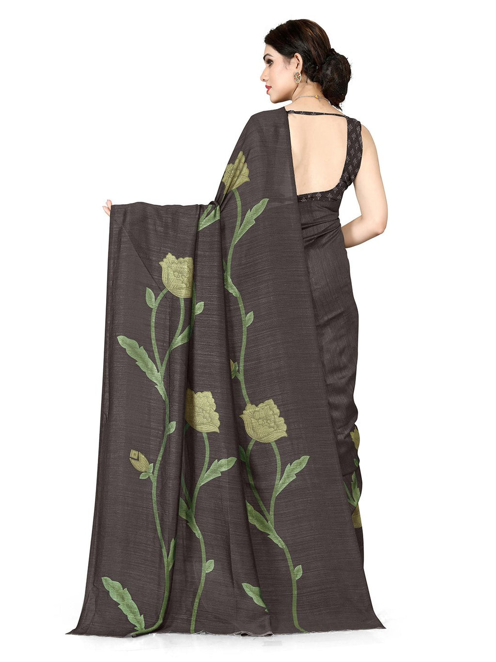 Dhimhi Women's Charcoal Grey & Green Floral Printed Saree