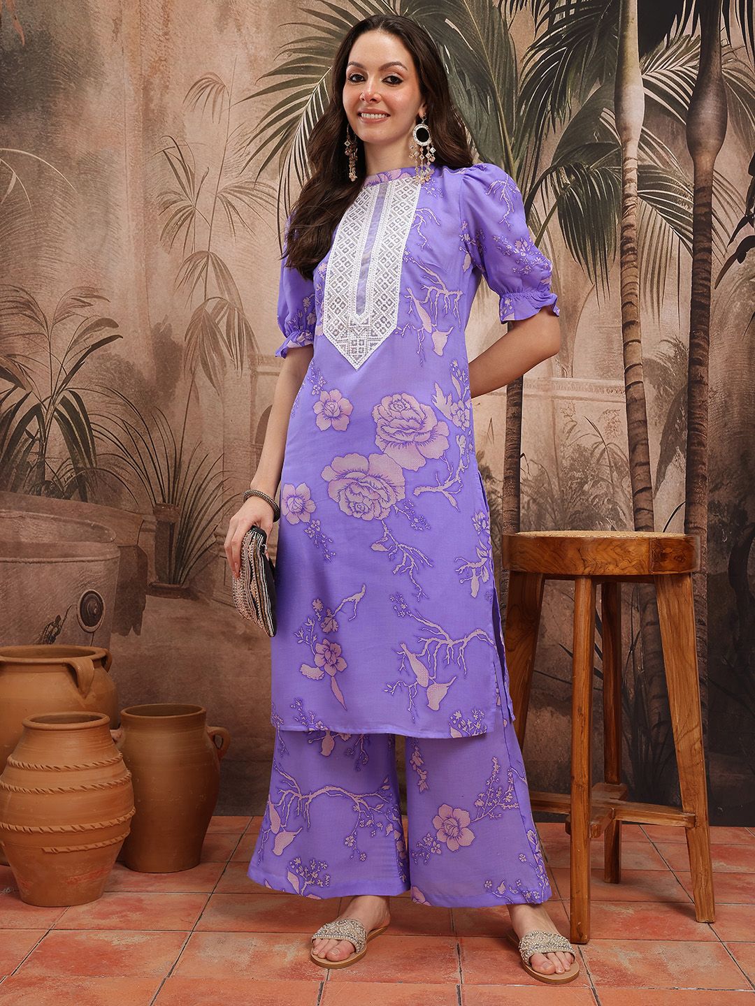Dhimhi Women's Floral Printed Thread Work Detail Kurta with Palazzos
