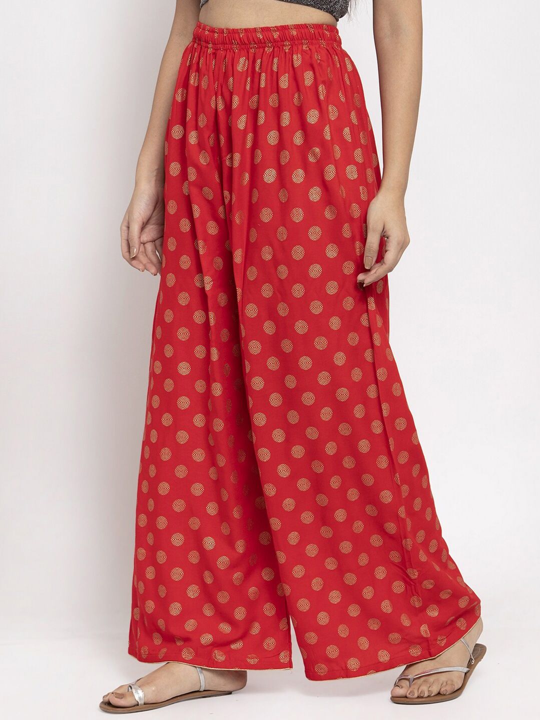 Dhimhi Women's Red & Gold-Toned Ethnic Motifs Knitted Ethnic Palazzos