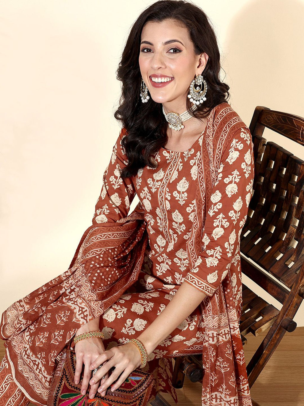 Dhimhi Women's Rust Brown Ethnic Motif Printed Cotton Straight Kurta With Trousers & Dupatta