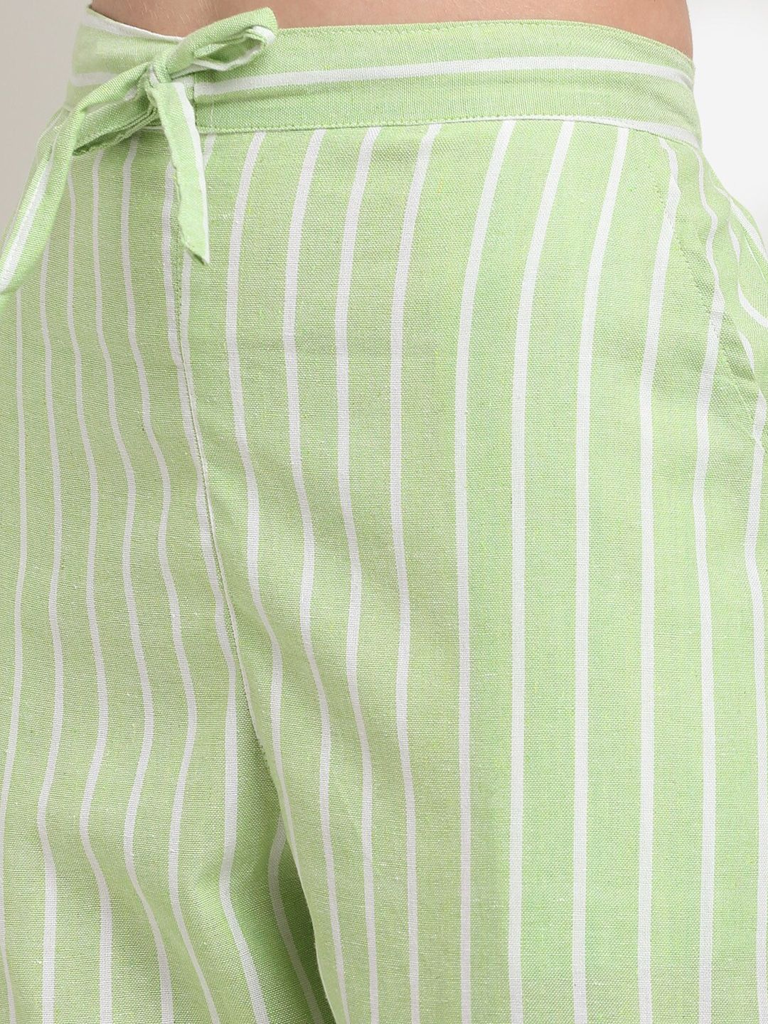 Dhimhi Women's Green & White Striped Cotton Palazzos