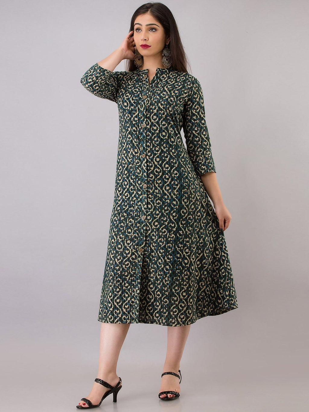 Women Grey & Beige Ethnic Motifs Printed Thread Work Fusion Kurta