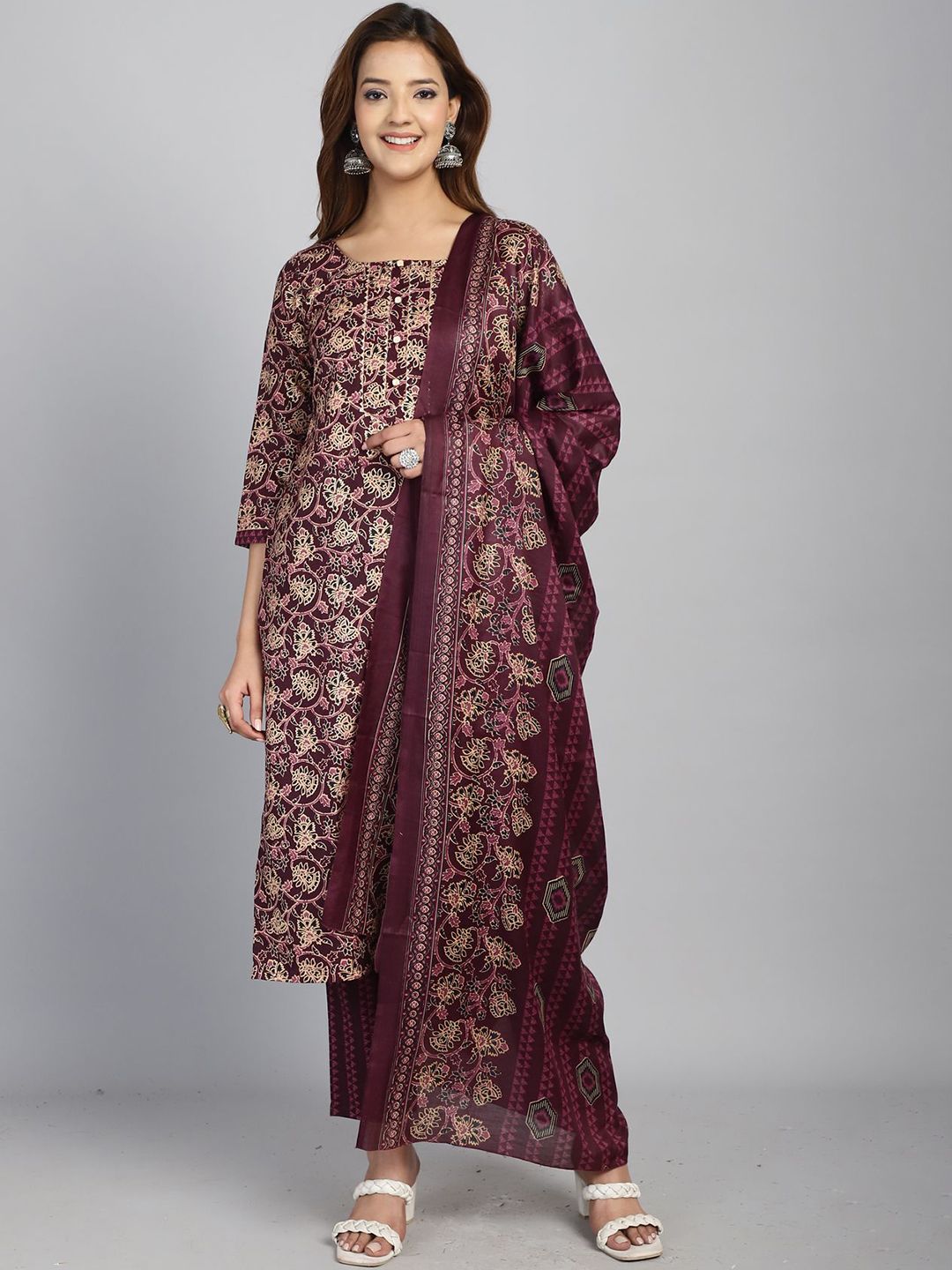 Dhimhi Women's Floral Printed Regular Straight Kurta With Trousers & Dupatta