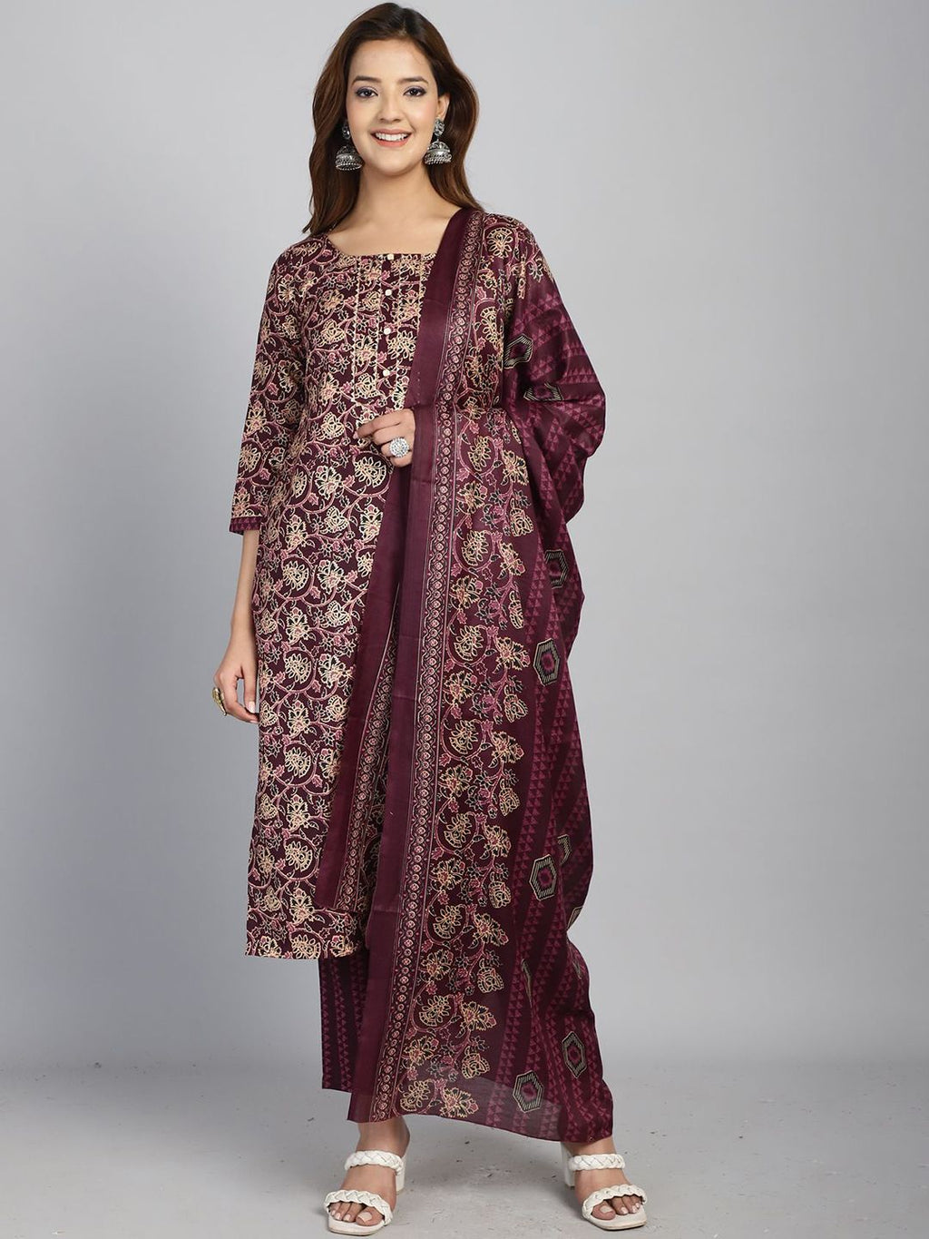 Dhimhi women's floral printed cotton blend kurta set with trousers and dupatta, featuring a straight fit and colorful floral design.