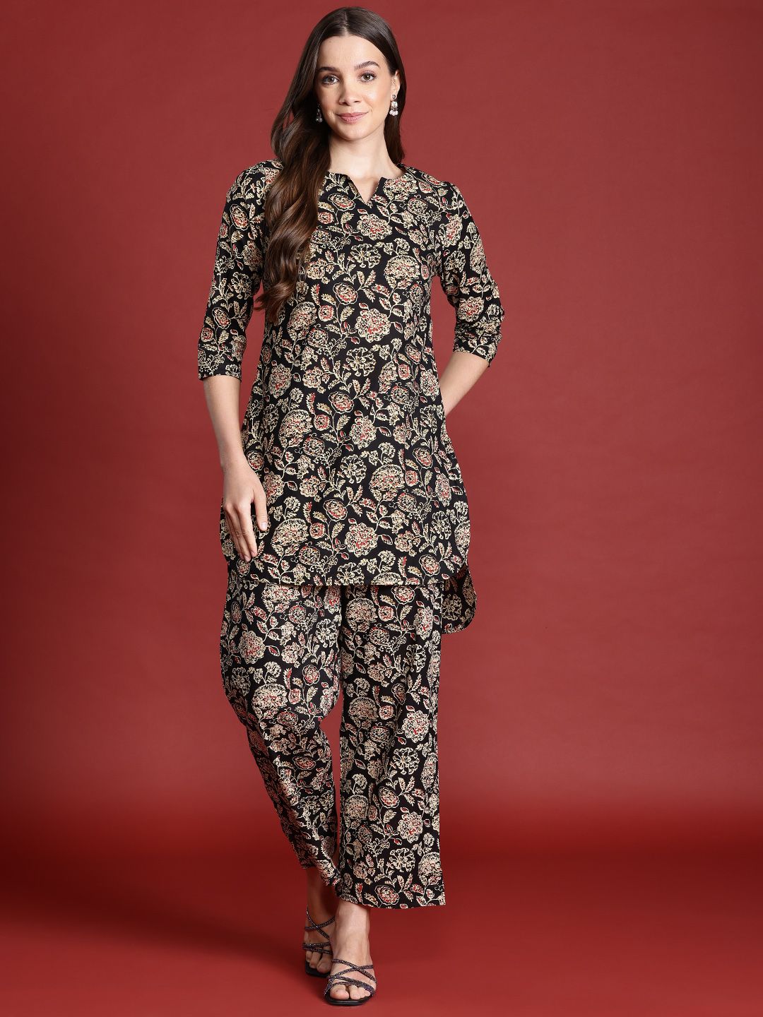 Dhimhi Women's Floral Print Cotton High-Low Kurta with Trousers