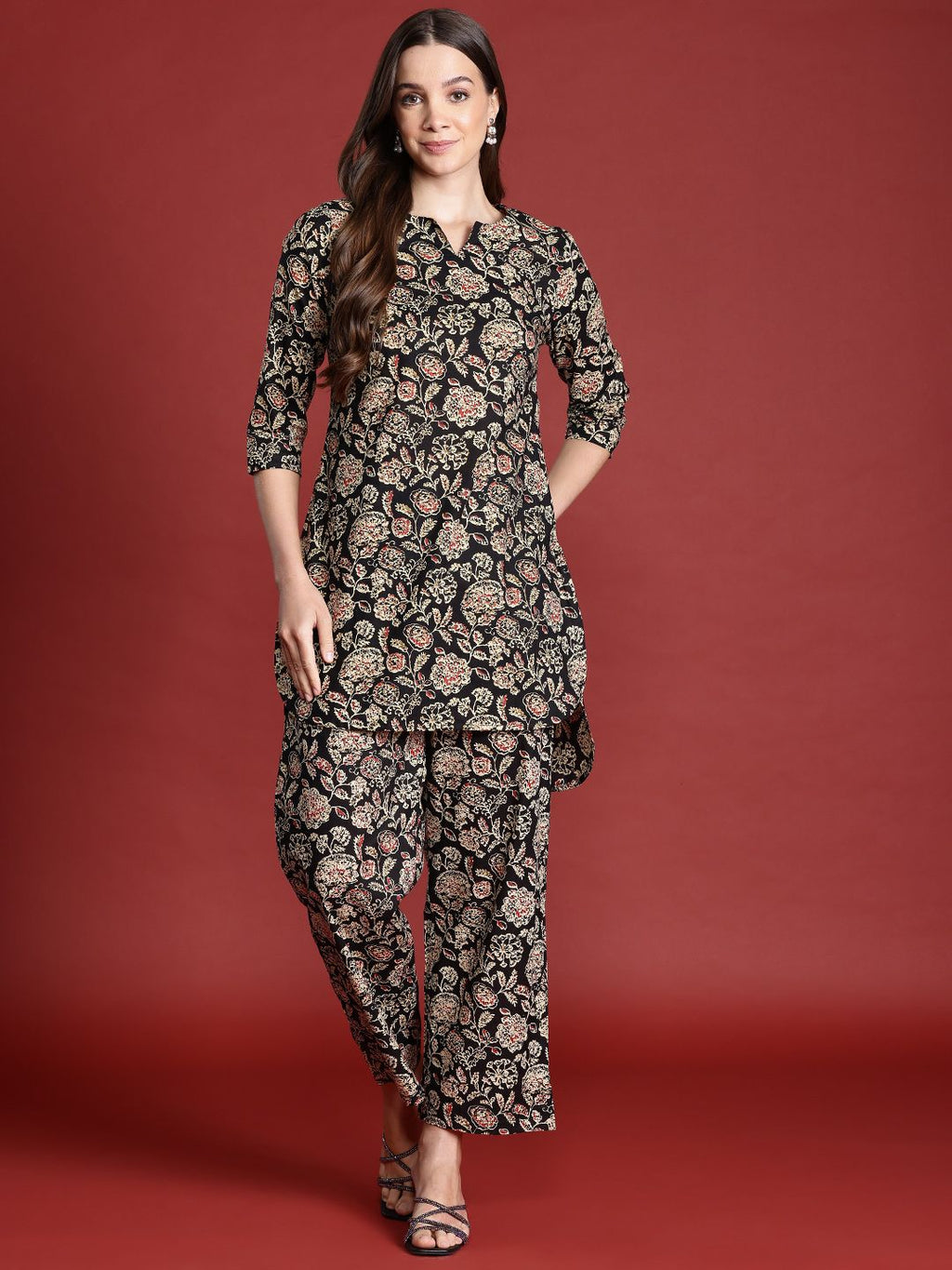 Dhimhi Women's Floral Print Cotton High-Low Kurta with Trousers