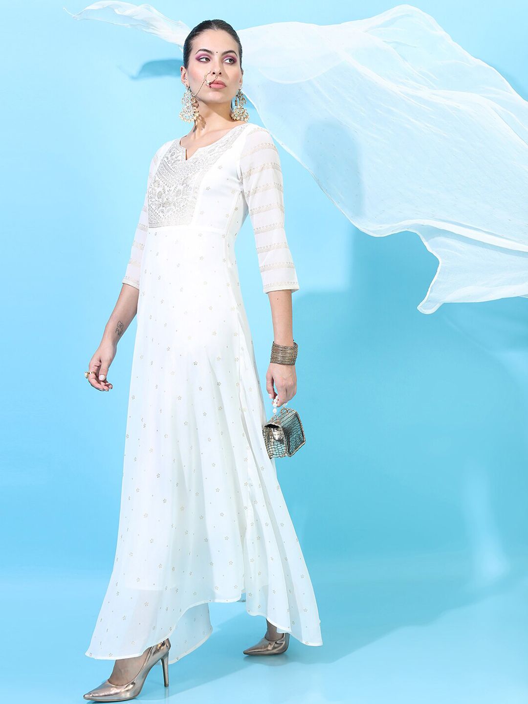 Dhimhi Women's White Floral Ethnic Maxi Dress with Dupatta
