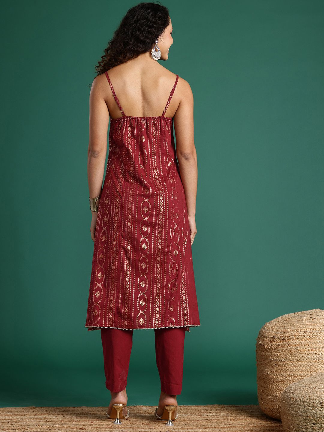 Dhimhi Women's Ethnic Foil Printed Shoulder Straps Pure Cotton Kurta Set