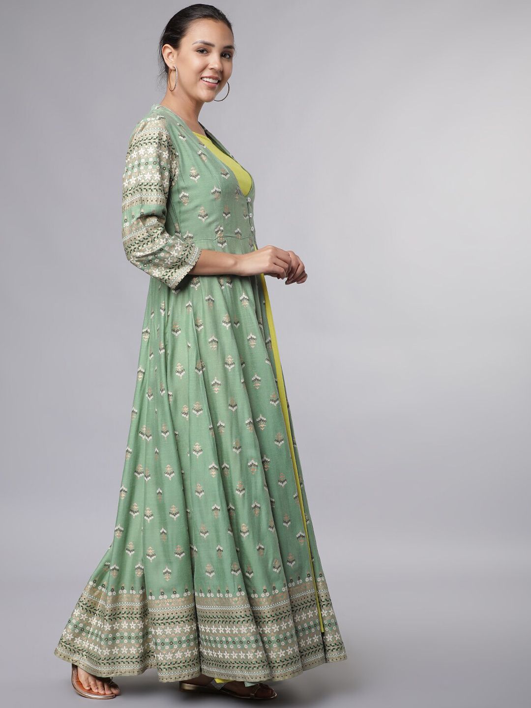 Dhimhi Women's Green Printed Ethnic Maxi Dress with Inner Slip Dress