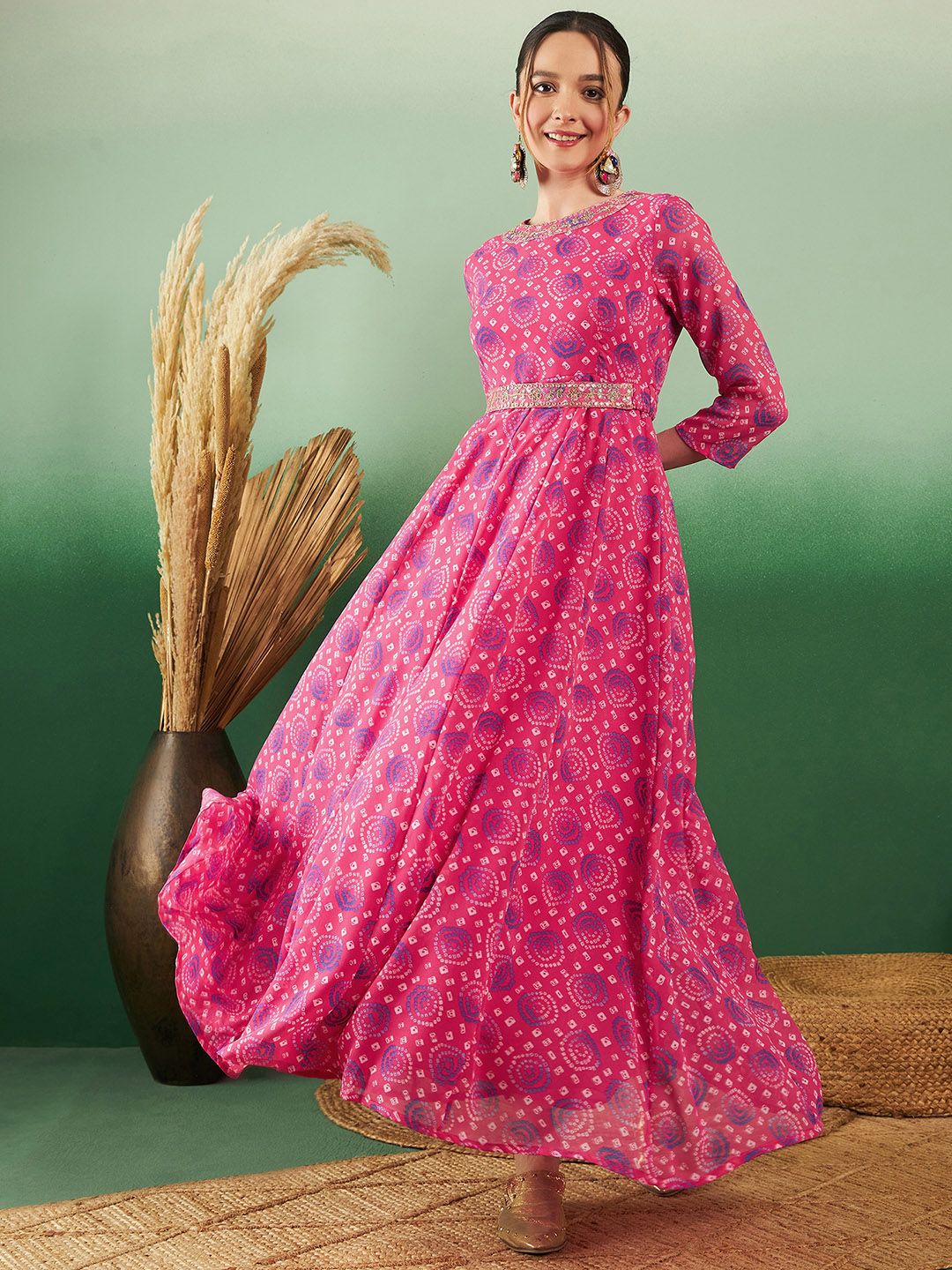 Dhimhi Women's Bandhani Printed Georgette Ethnic Maxi Fit & Flared Dress With Belted Detail