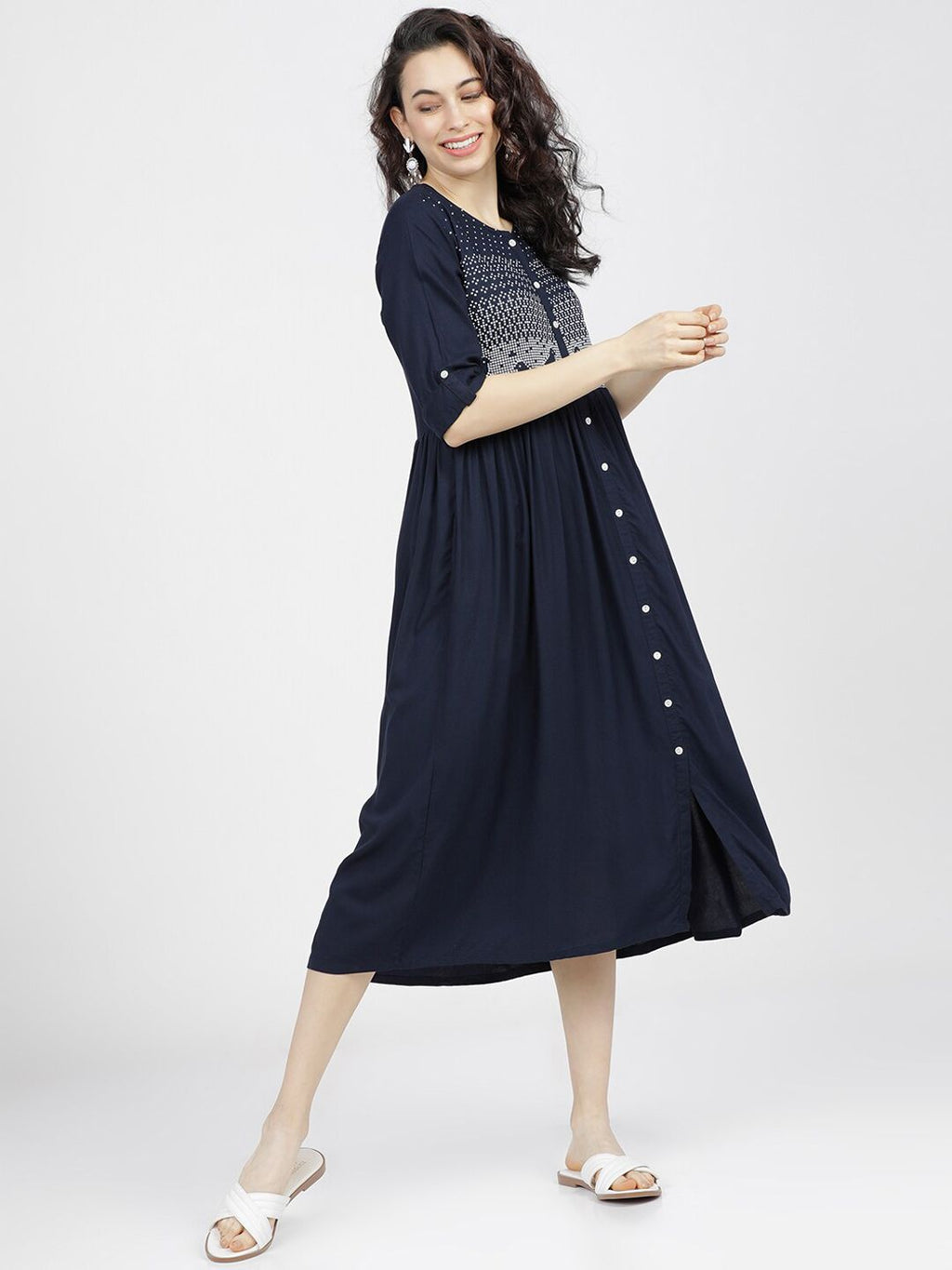 Dhimhi Women's Navy Blue & White Ethnic Motifs Midi Dress