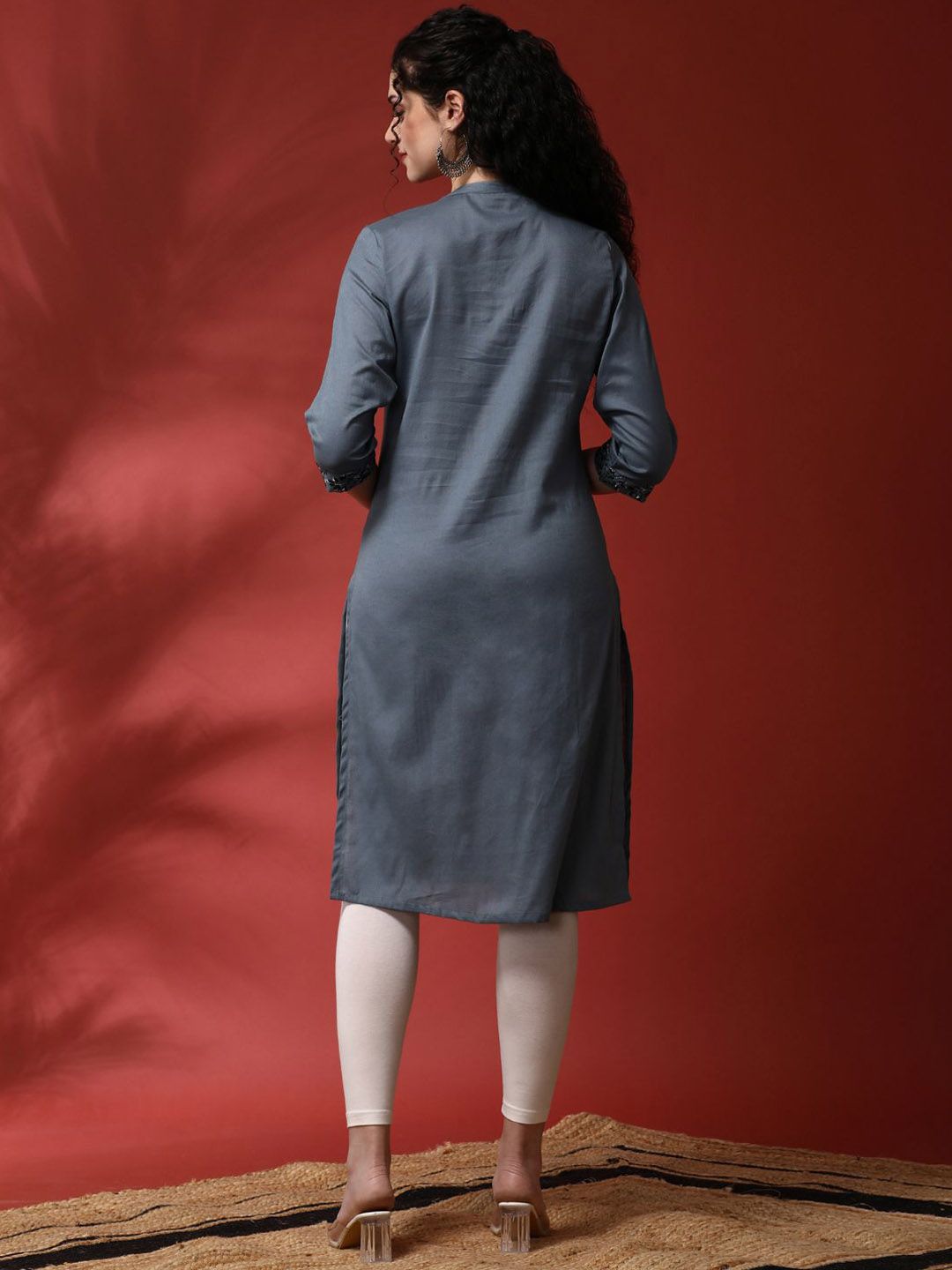 Floral Yoke Design Mandarin Collar Pure Cotton Straight Kurta