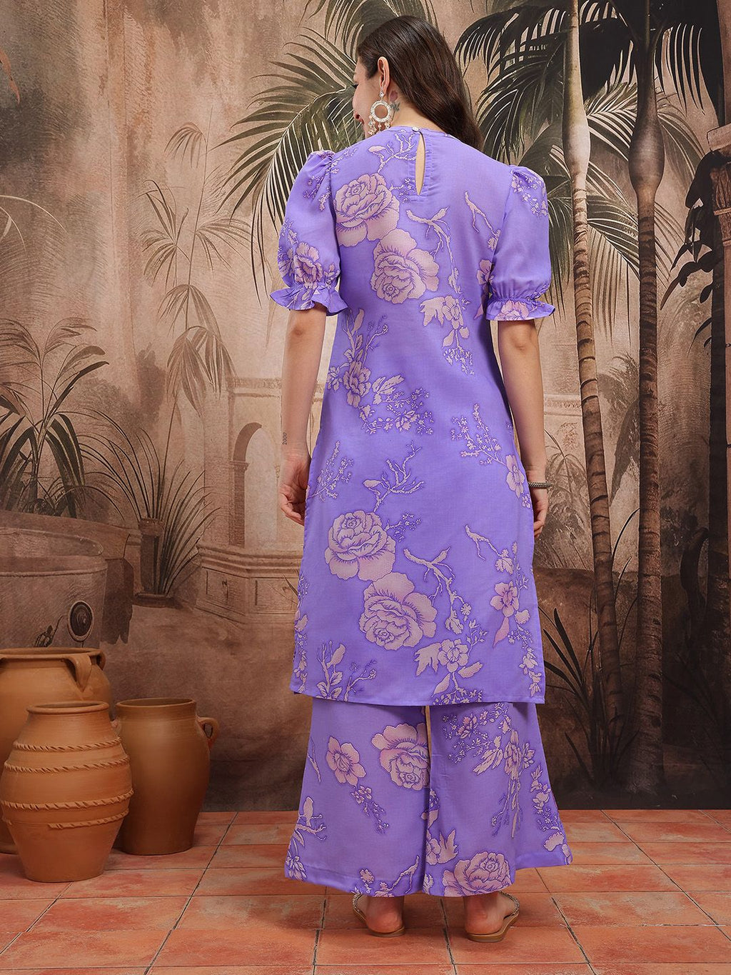 Dhimhi Women's Floral Printed Thread Work Detail Kurta with Palazzos