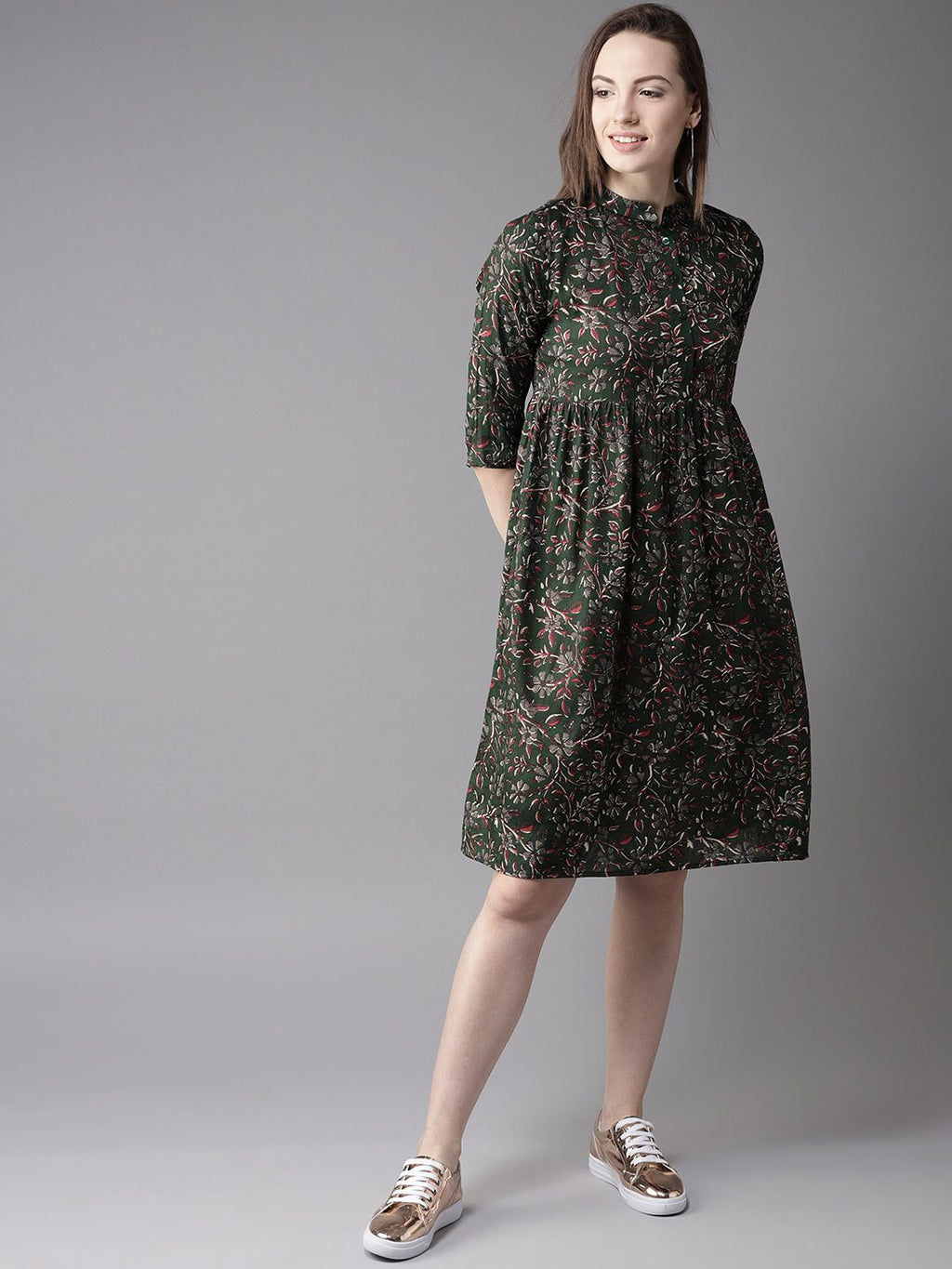 Dhimhi Women's Green & Red Printed Fit & Flare Dress