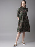 Dhimhi Women's Green & Red Printed Fit & Flare Dress