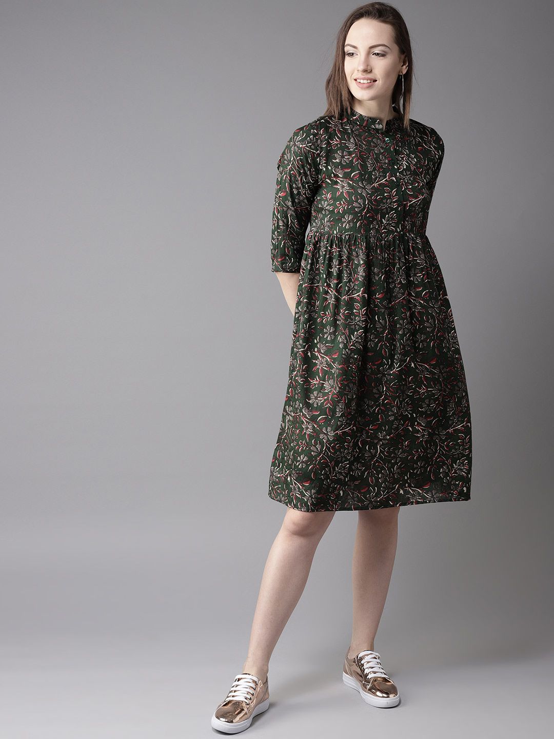 Dhimhi Women's Green & Red Printed Fit & Flare Dress