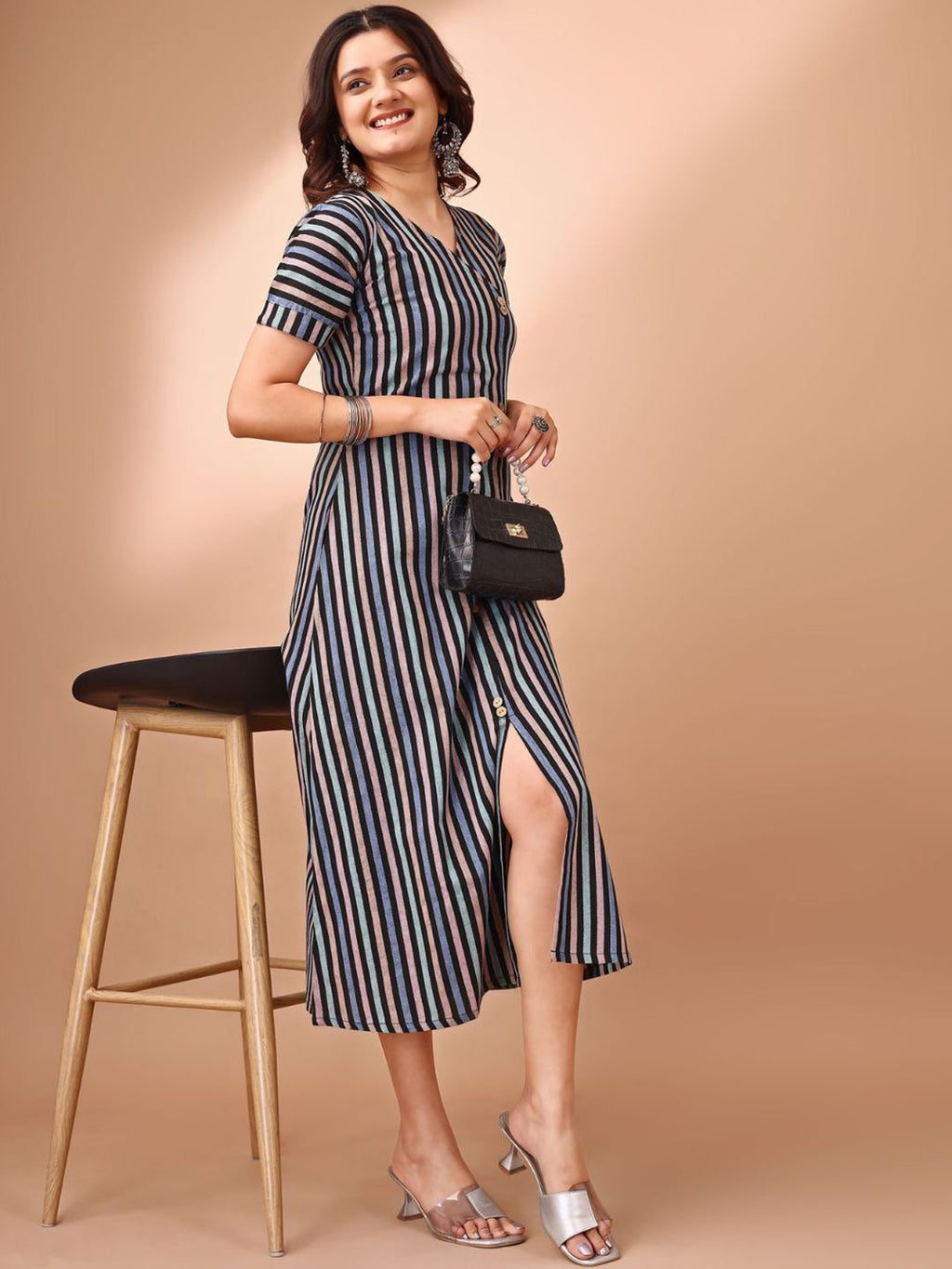 Dhimhi Women's Cotton Striped Front Slit A-Line Dress