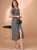 Dhimhi Women's Cotton Striped Front Slit A-Line Dress