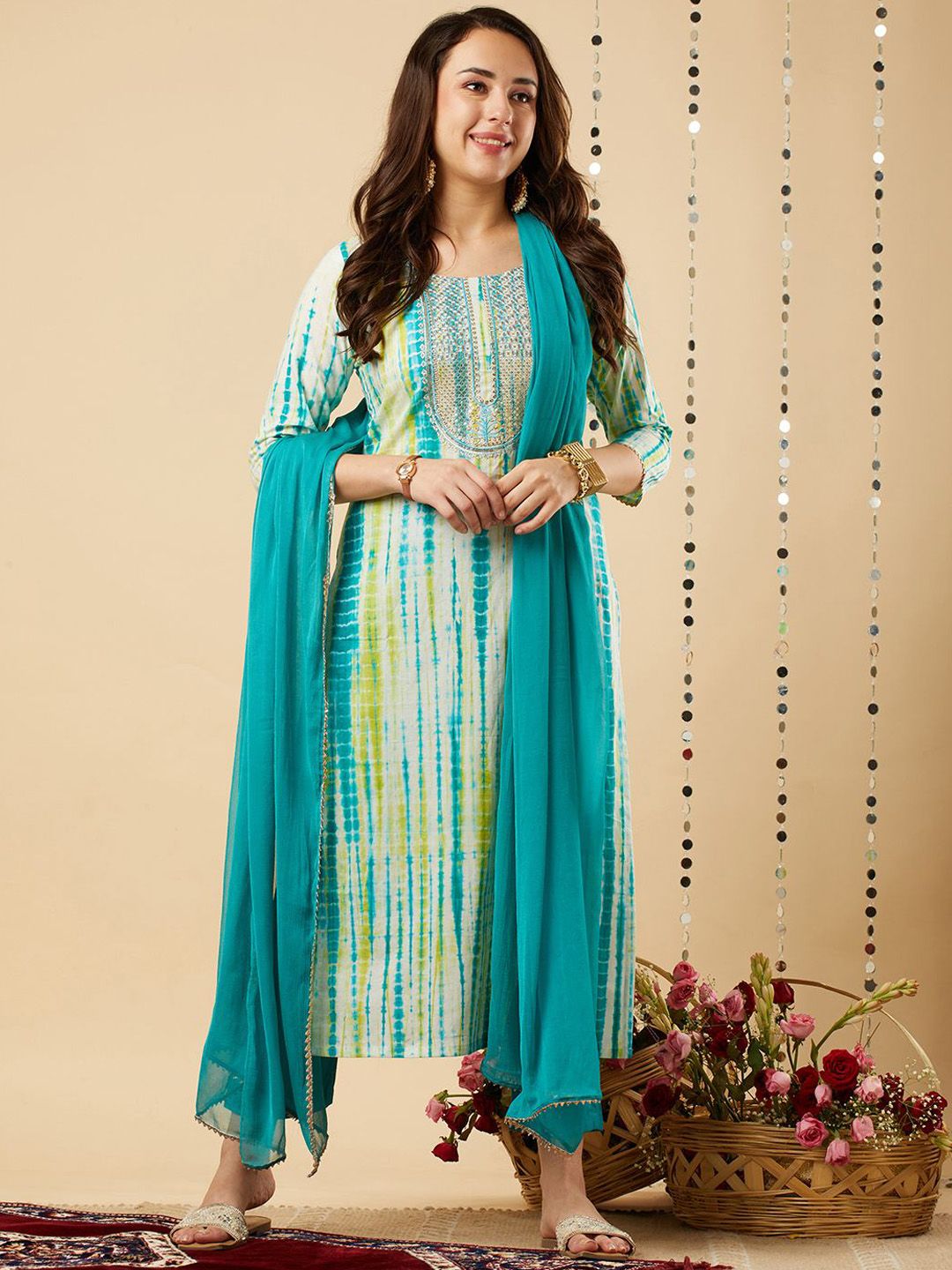 Dhimhi Women's Abstract Dyed Sequinned Kurta With Trouser And Dupatta