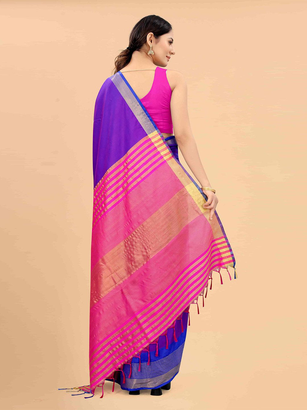 Dhimhi Women's Blue & Magenta Zari Art Silk Fusion Arani Saree