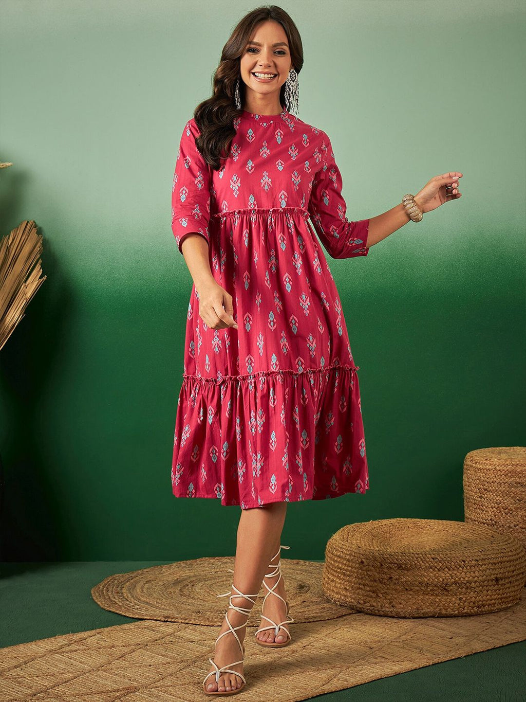 Dhimhi Women's Ethnic Motifs Printed Frilled Tiered Cotton Ethnic Dress
