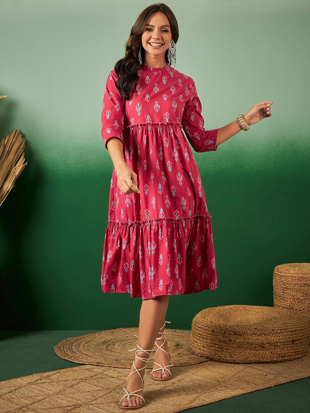 Dhimhi Women's Ethnic Motifs Printed Frilled Tiered Cotton Ethnic Dress