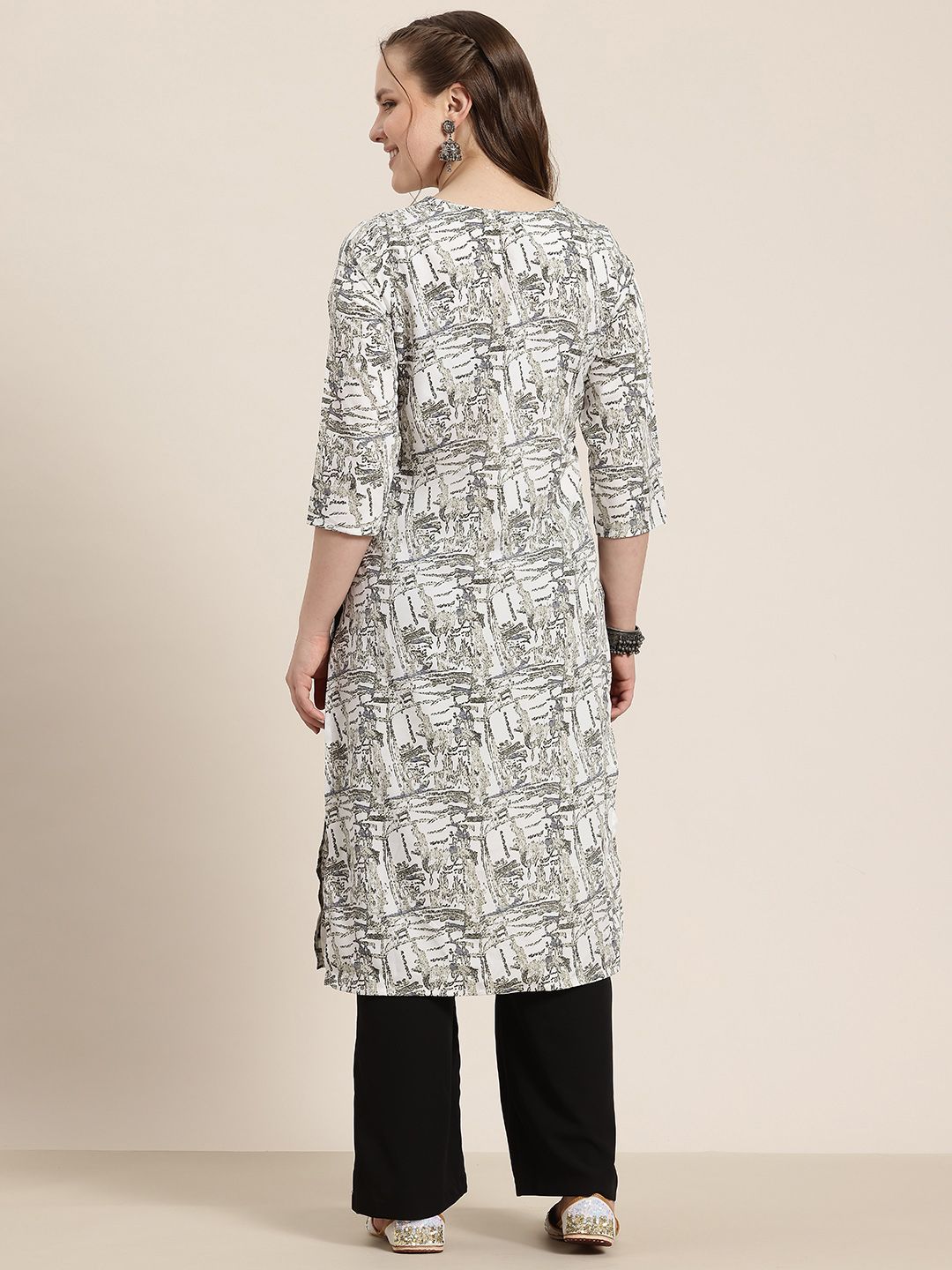 Abstract Print Notched Round Neck Calf-Length Straight Kurta