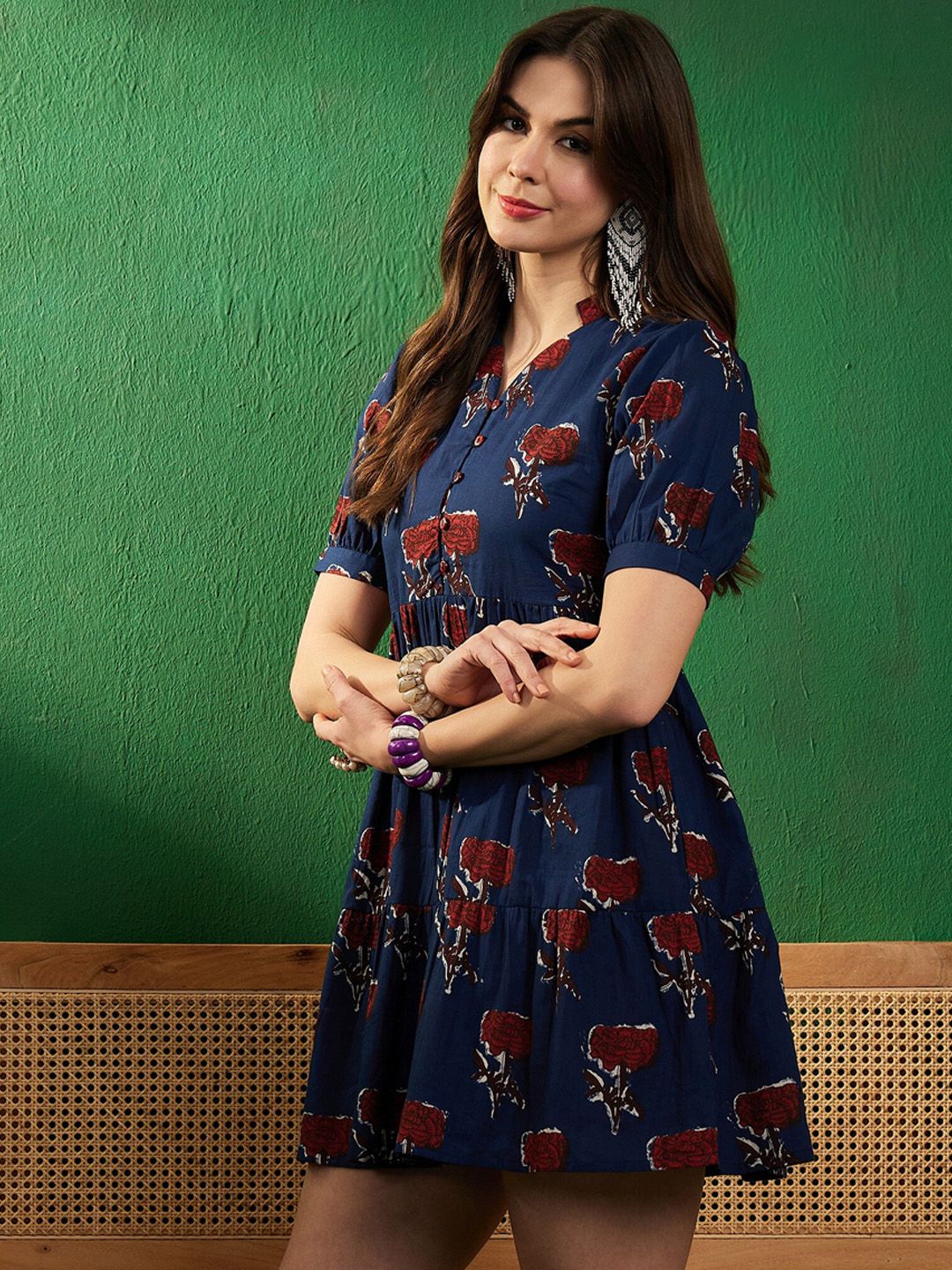 Dhimhi Women's Floral Printed Pure Cotton Fit & Flare Mini Ethnic Dress