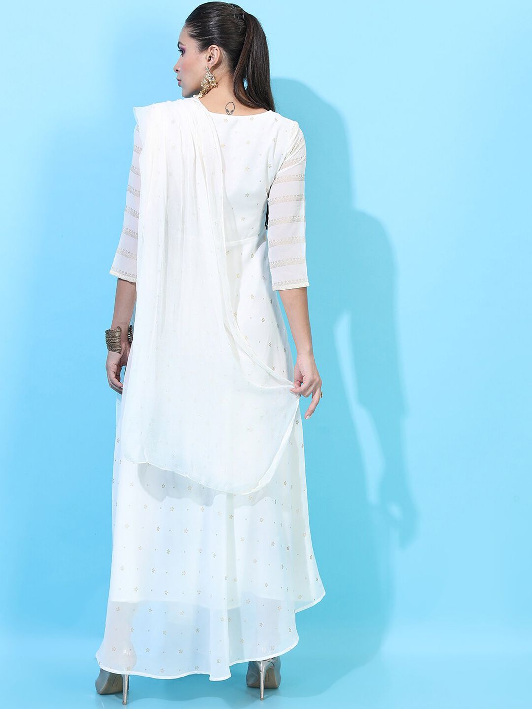 Dhimhi Women's White Floral Ethnic Maxi Dress with Dupatta