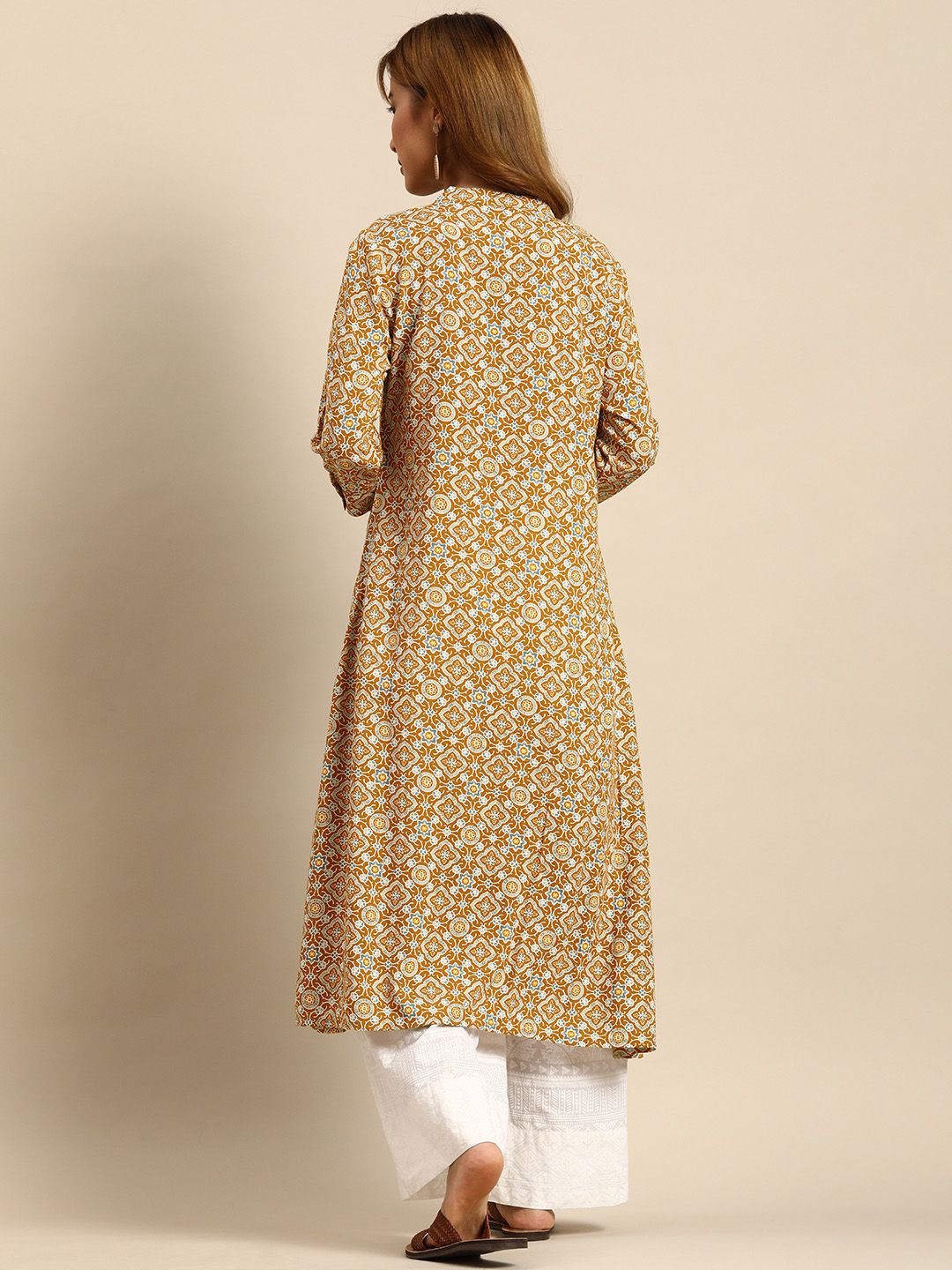 Women Mustard Yellow & Blue Printed Kurta