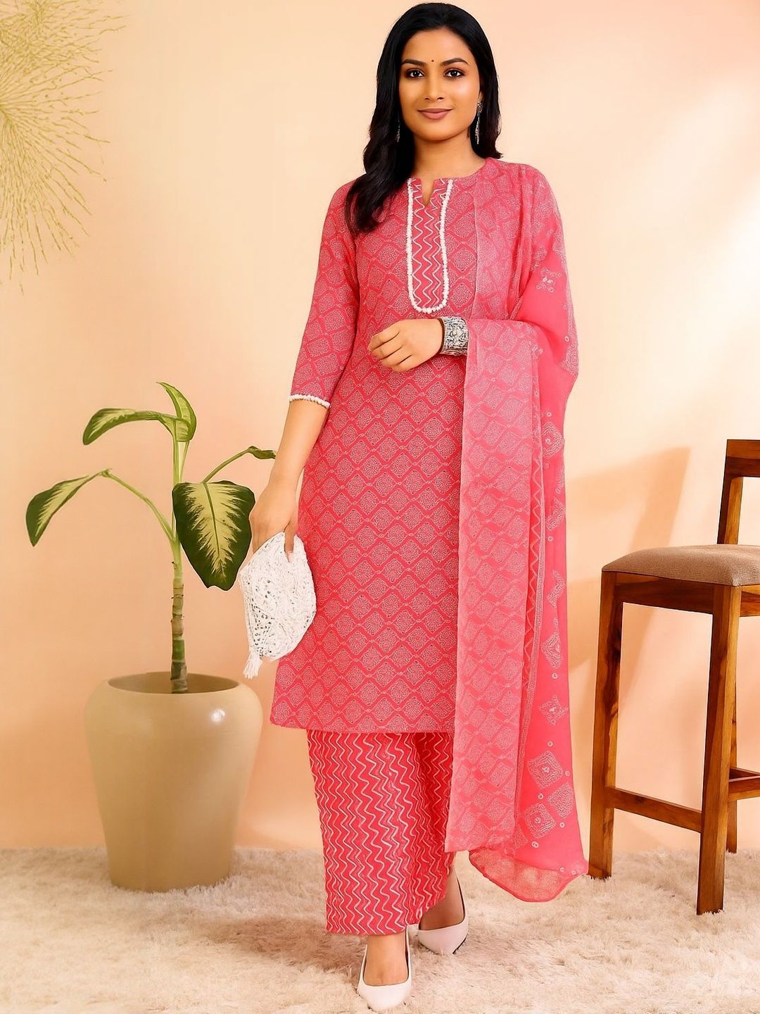 Dhimhi women's geometric printed kurti set with round neck straight kurti, matching trousers, and dupatta, casual elegant style.