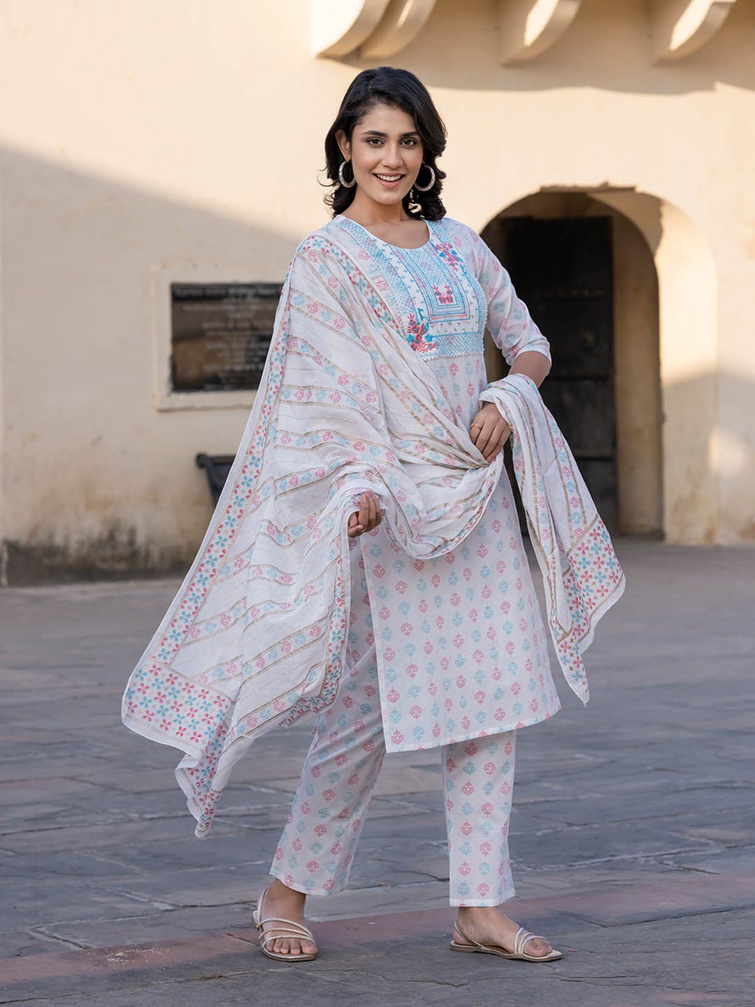 Dhimhi Women's Ethnic Motifs Embroidered Regular Pure Cotton Kurta with Trousers & With Dupatta