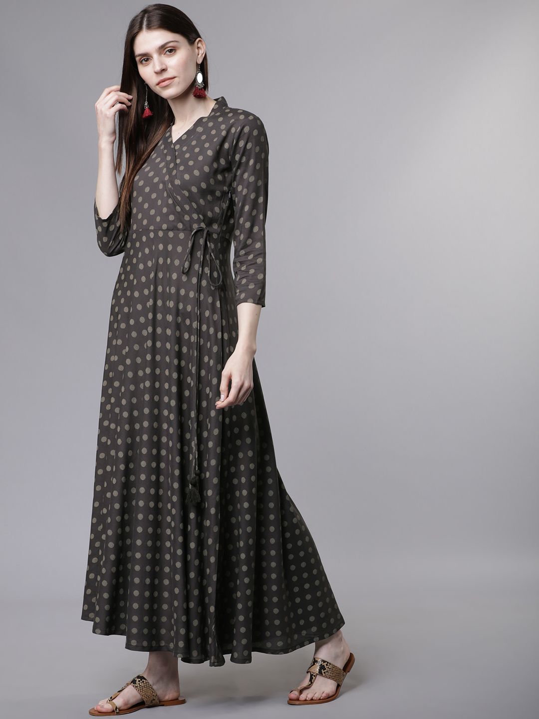 Dhimhi Women's Charcoal Grey Printed Fit and Flare Ethnic Dress