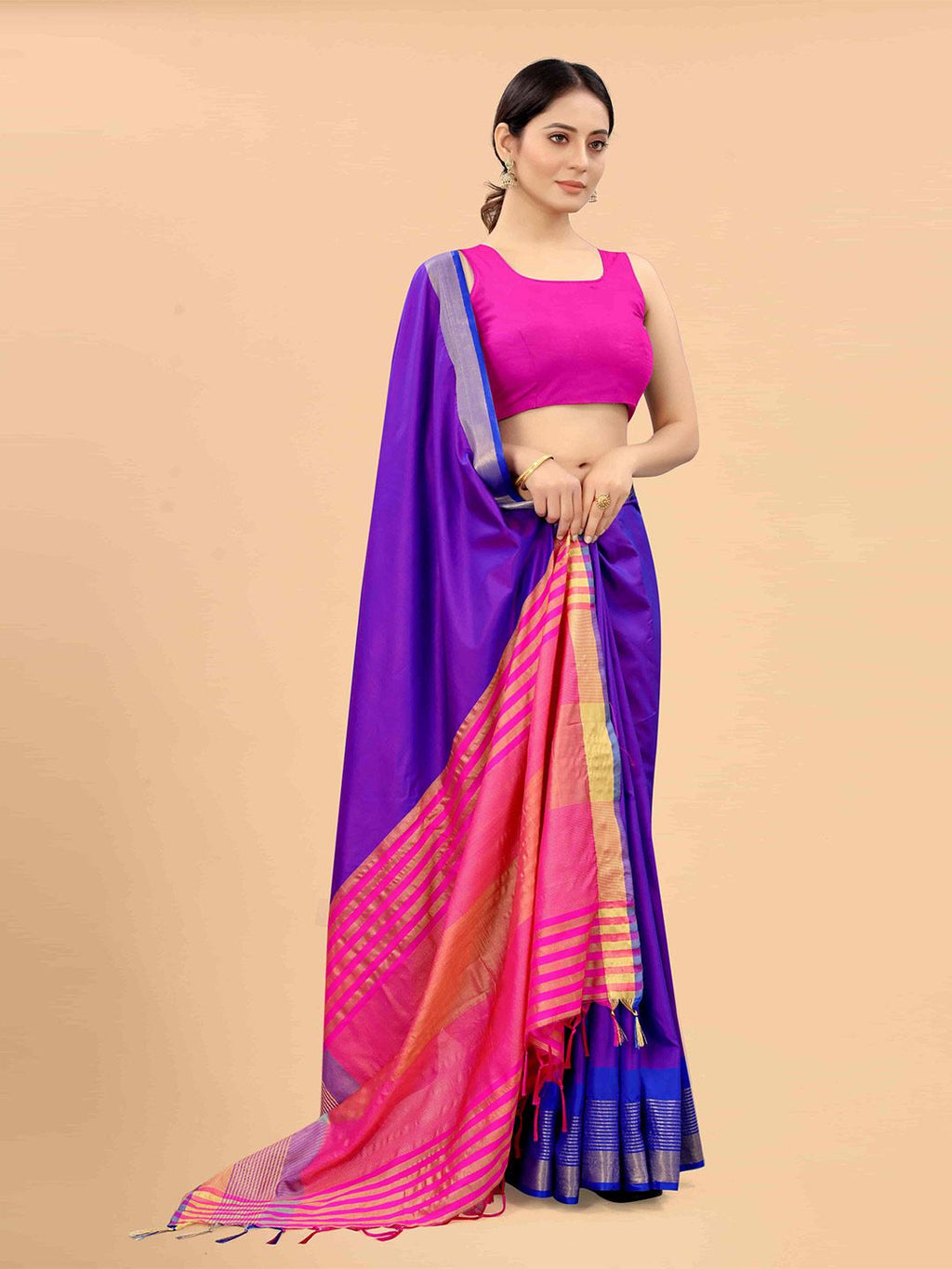 Dhimhi Women's Blue & Magenta Zari Art Silk Fusion Arani Saree