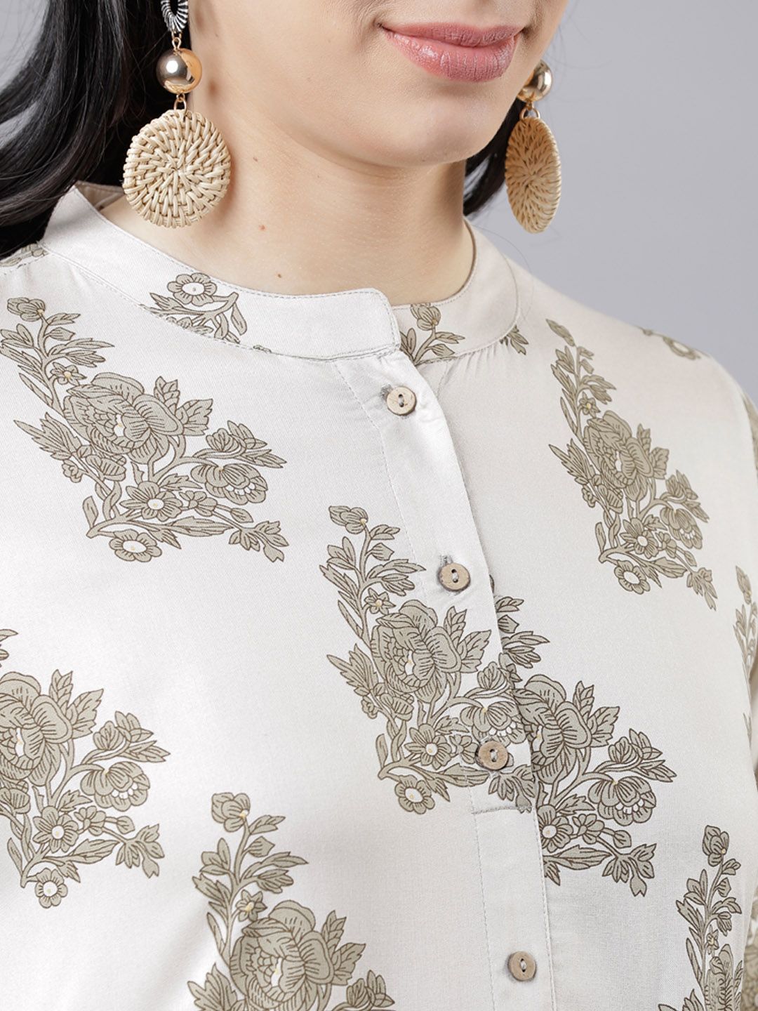 Dhimhi Women's Off-White & Green Floral Print A-Line Dress