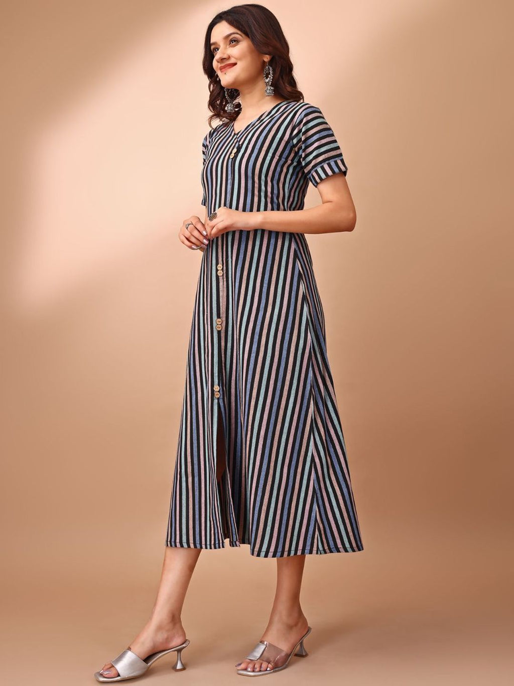 Dhimhi Women's Cotton Striped Front Slit A-Line Dress