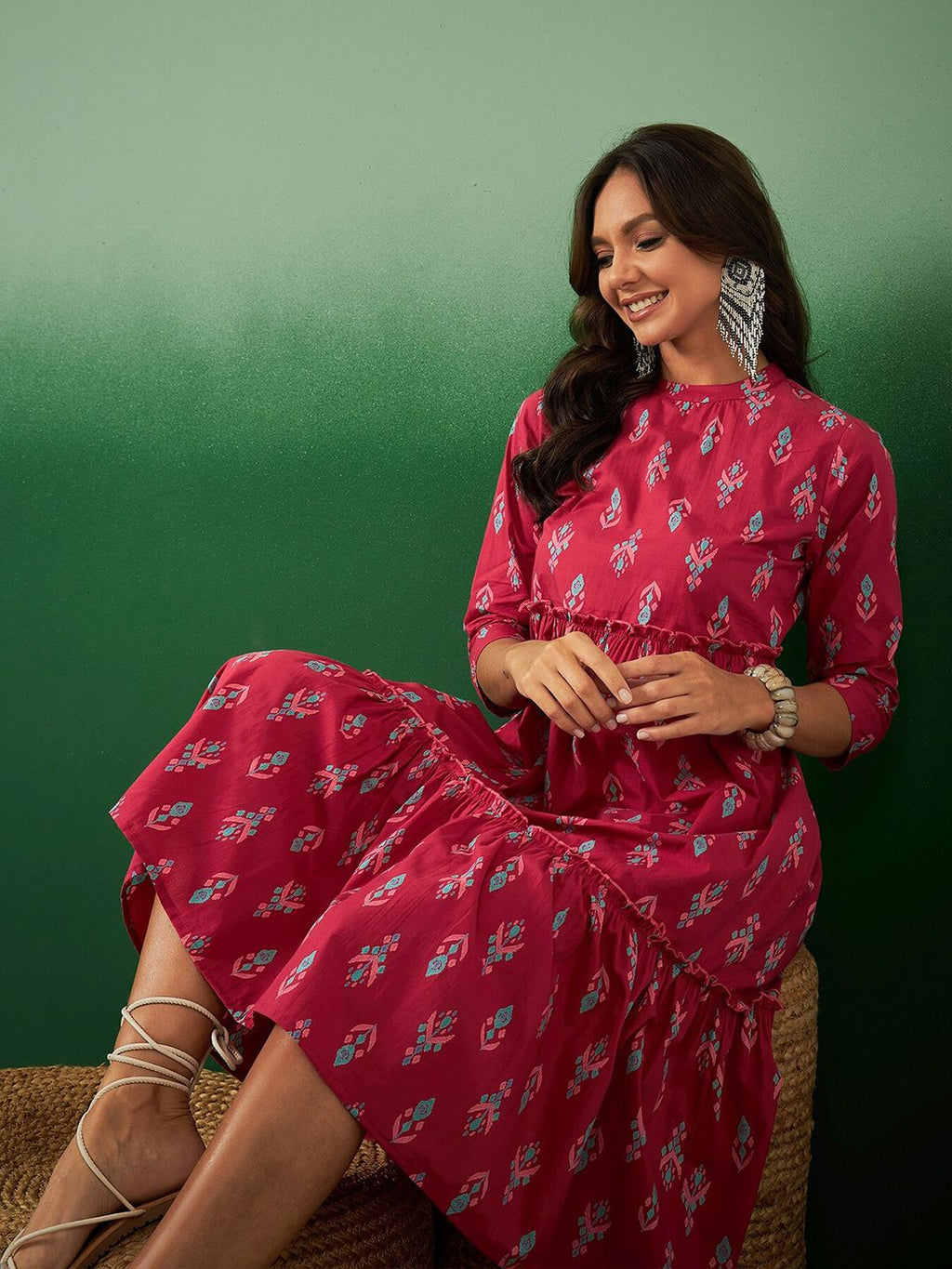 Dhimhi Women's Ethnic Motifs Printed Frilled Tiered Cotton Ethnic Dress