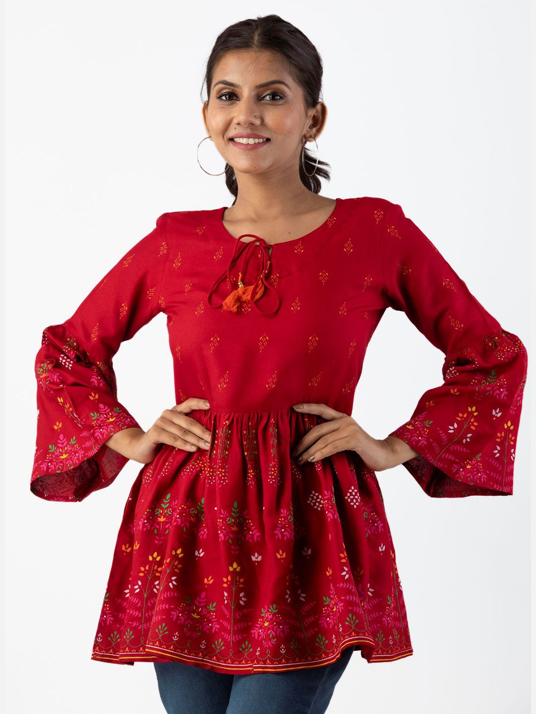 Dhimhi Women's Red Indigo Empire Longline Top