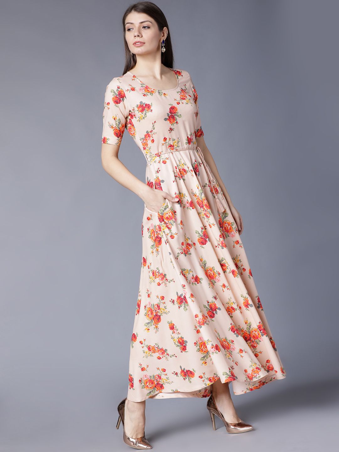 Dhimhi Women's Peach-Coloured Printed Maxi Dress