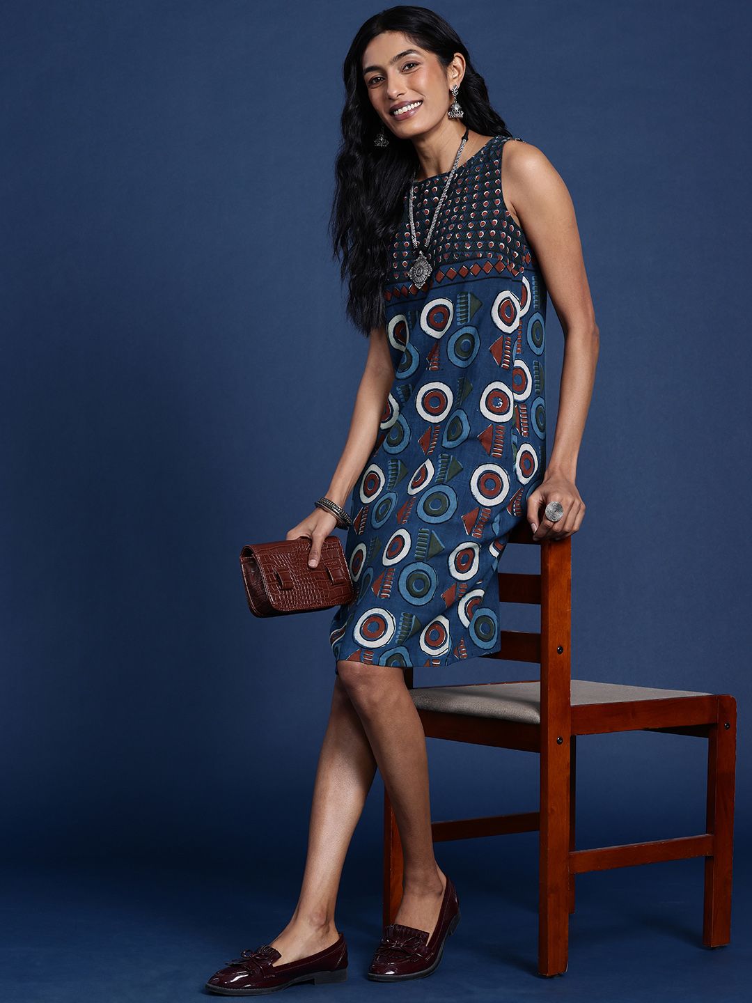 Dhimhi Women's Geometric Printed A-Line Indigo Ethnic Dress