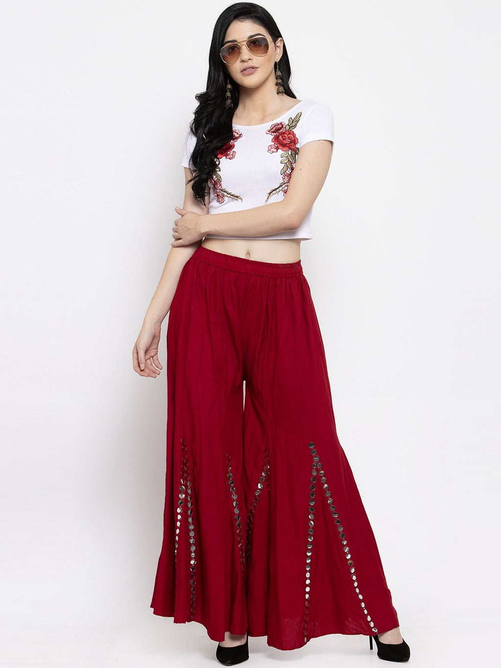 Dhimhi Women's Maroon Embellished Flared Palazzos