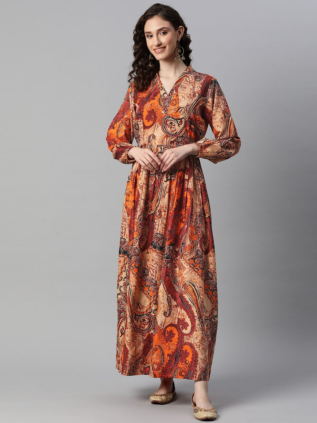 Dhimhi Women's Paisley Print Puff Sleeve A-Line Maxi Dress
