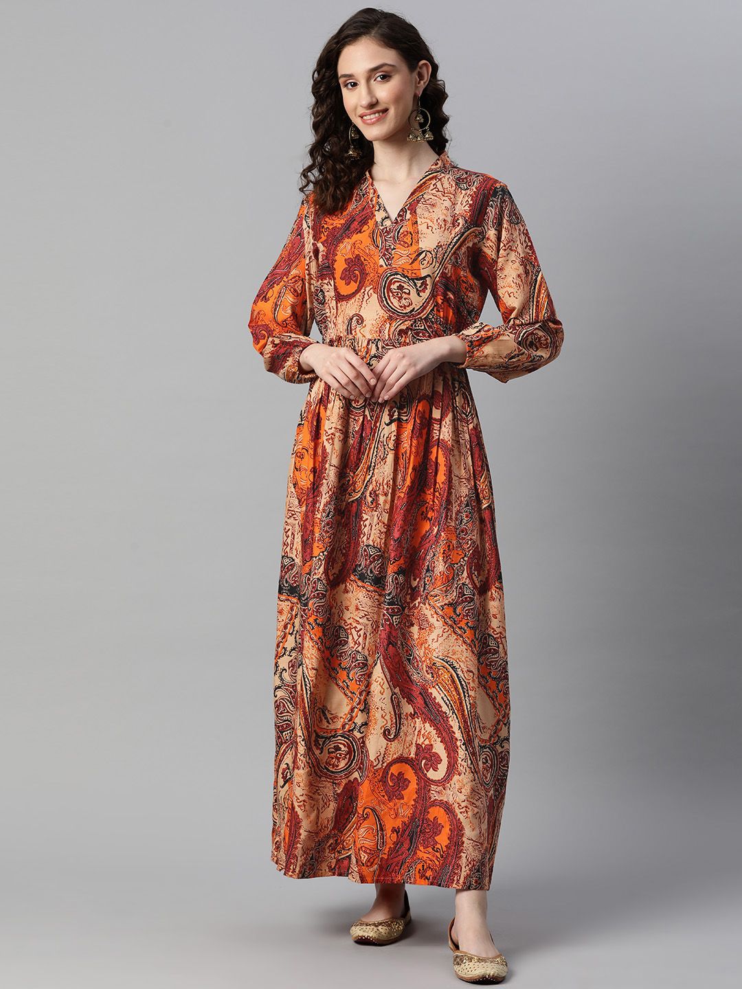 Dhimhi Women's Paisley Print Puff Sleeve A-Line Maxi Dress