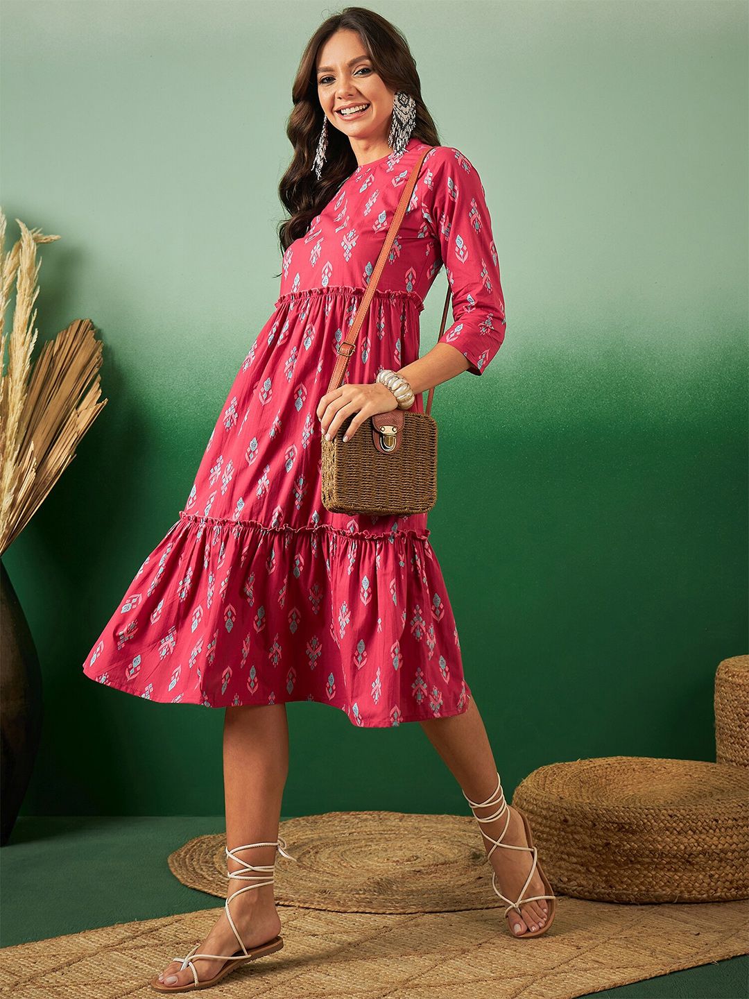 Dhimhi Women's Ethnic Motifs Printed Frilled Tiered Cotton Ethnic Dress