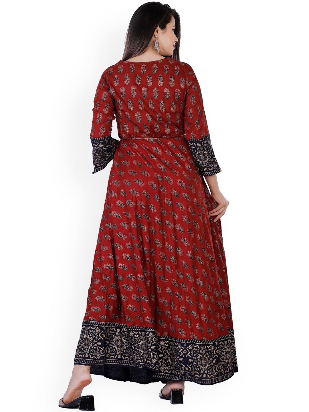 Women Maroon & Black Ethnic Motifs Printed Anarkali Kurta
