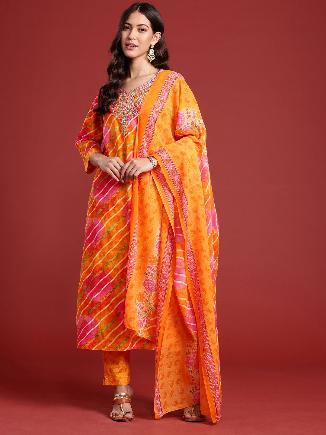 Dhimhi Women's Printed Sequinned Pure Cotton Kurta with Trousers & With Dupatta