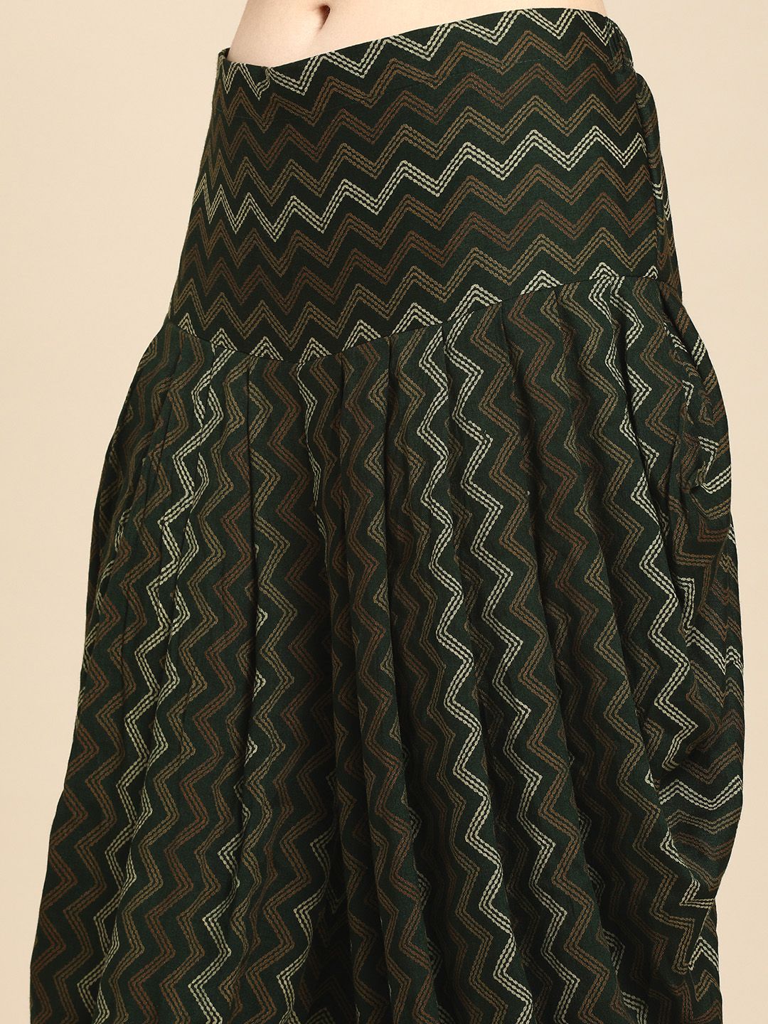 Dhimhi Women's Olive Green Ethnic Motifs Printed Empire Kurti with Dhoti Pants